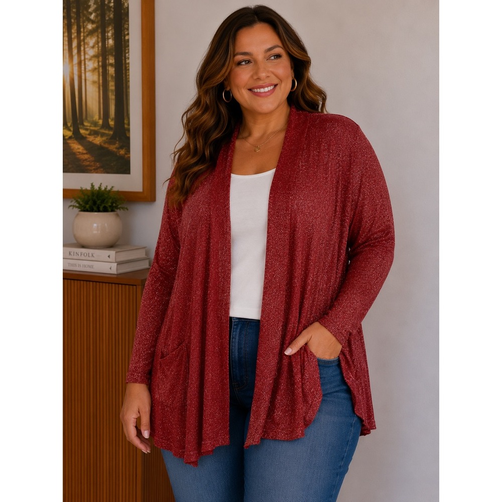 Ruby Rd. Woman Red Metallic Shimmer Open Front Cardigan Pocket Sweater 1X 18261